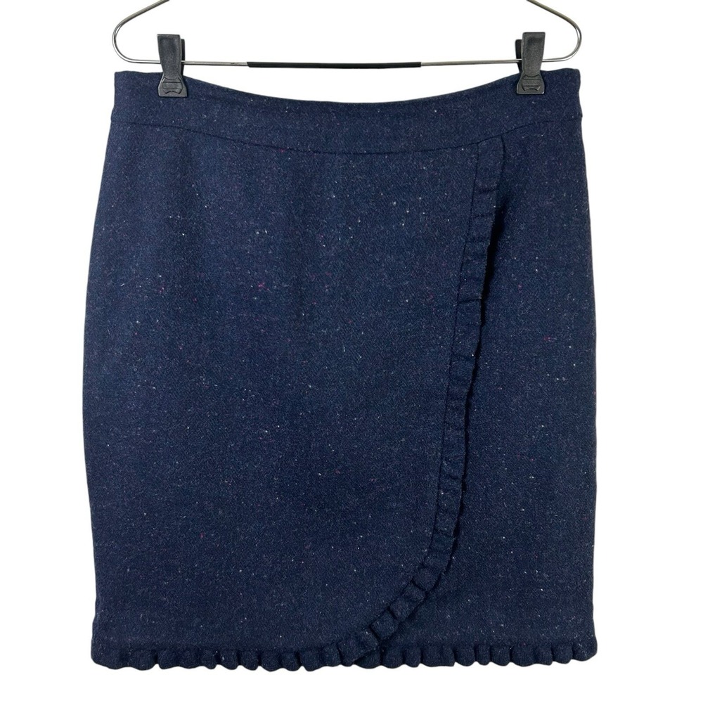 TALBOTS Petites Wool Ruffle Pencil SKIRT 10P Navy Blue Preppy Wrap Office Twee
